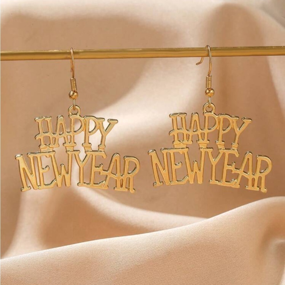 Happy New Year Gold-Tone Earrings BRAND NEW Minimalist Lightweight - Picture 2 of 5